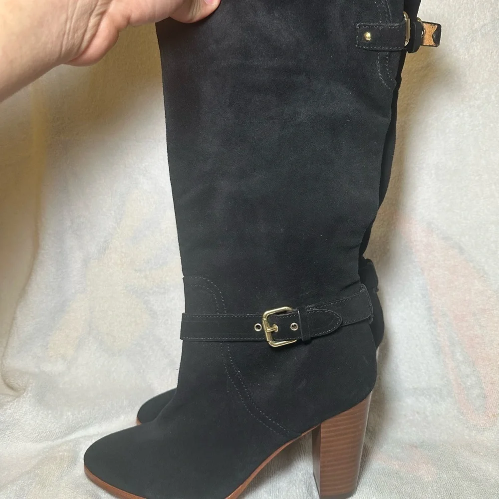Coach Beverly Calf Black Suede Heeled Boots with Buckle Detail Size 7.5